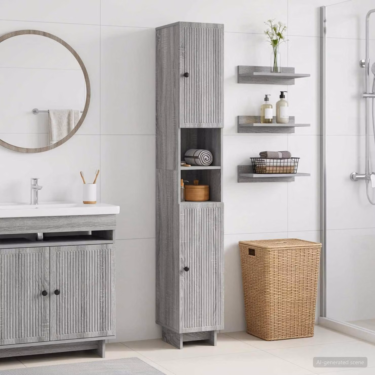 Armadio da bagno moderno vidaXL EDE con ripiano aperto e ante a battente, grigio e nero