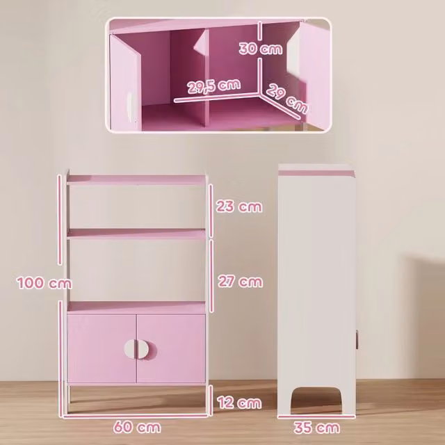 Libreria per bambini WISHDOR con vani aperti e armadietti, struttura autoportante in legno, rosa, L: 100,0 cm, P: 35,0 cm, H: 35,0 cm