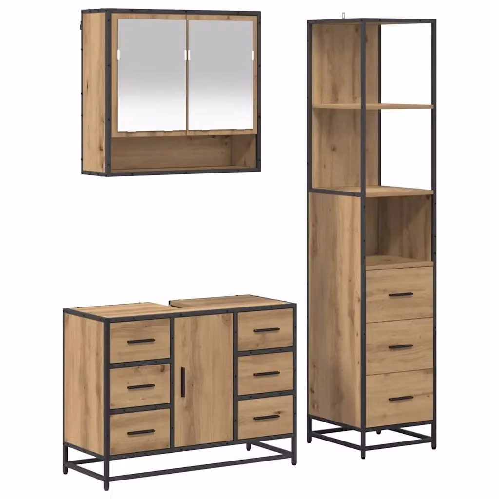 Set di mobili per il bagno moderno vidaXL in 3 pezzi color rovere con armadietto specchio, mobile lavabo e mobile laterale sospesi in legno e metallo – 2