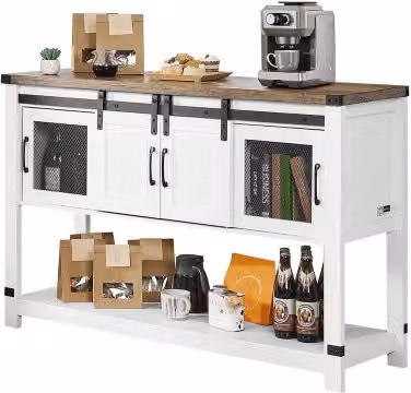 VEVOR Mobile Bar da Caffè in Stile Fattoria, Credenza Bianca con 4 Ripiani e Ante a Fienile, L/P/H: 120 x 39,8 x 83 cm