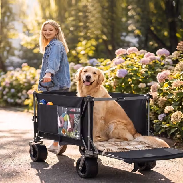 Carrello da giardino pieghevole WISHDOR con portellone posteriore estensibile e ruote all-terrain in acciaio, nero/grigio, L: 180 cm