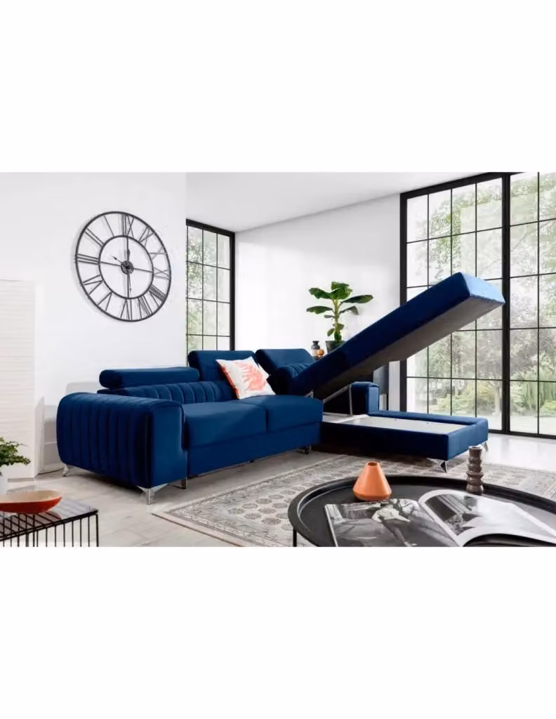 Divano angolare destro JAYSON MEUBLORAMA blu, modello convertibile a 3 posti con funzione letto, poggiatesta regolabile e seduta con contenitore, struttura in legno massiccio, L 278 cm x P 205 cm x H 105 cm – 2