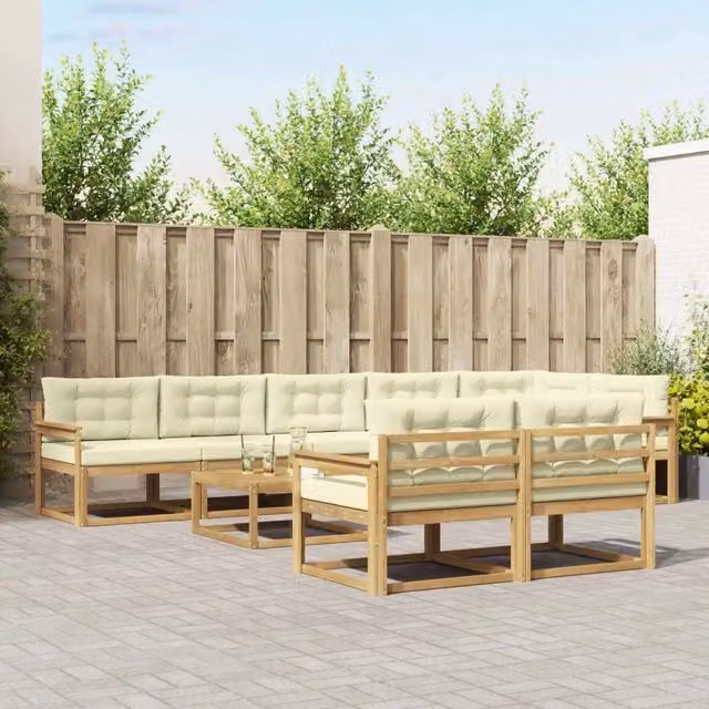 Set di divani da esterno a forma di U vidaXL composto da 9 pezzi con tavolino da caffè, in legno di acacia e tessuto bianco e beige