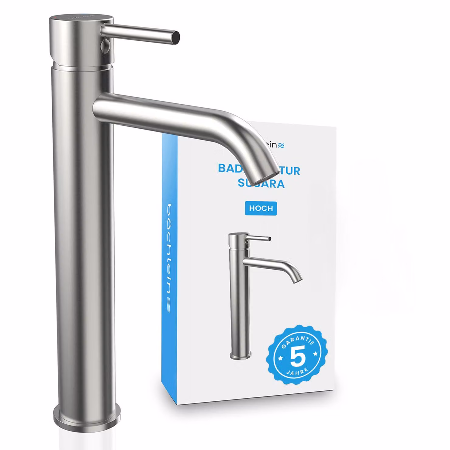 Rubinetto da bagno Bächlein Susara alto con bocca curva, miscelatore monocomando di design extra alto per lavabo da appoggio con cartuccia Vetroceramica resistente e set di installazione, rubinetto da bagno in acciaio inox spazzolato