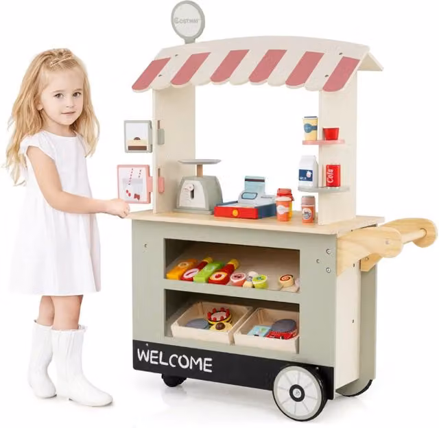 Carrello della spesa per bambini HELLOSHOP26 in legno verde con 30 accessori, L/P/H: 75 x 30 x 100 cm