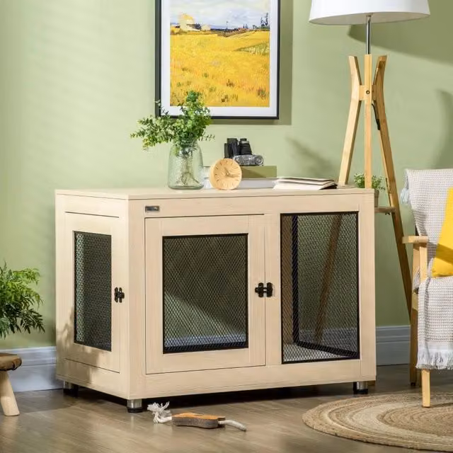 Scaffale box per cani OKWISH in metallo e MDF color oak con cuscino sfoderabile, L: 71.5 cm, P: 60 cm, H: 60 cm