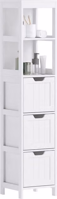 Mobiletto da Bagno a Colonna in MDF Bianco con 2 Ripiani e 3 Cassetti Mobile Salvaspazio Multiuso per Casa