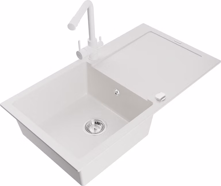 Mexen Leo lavello in granito a 1 vasca con scolapiatti e rubinetto da cucina Duero, bianco - 6501-20-671600-20