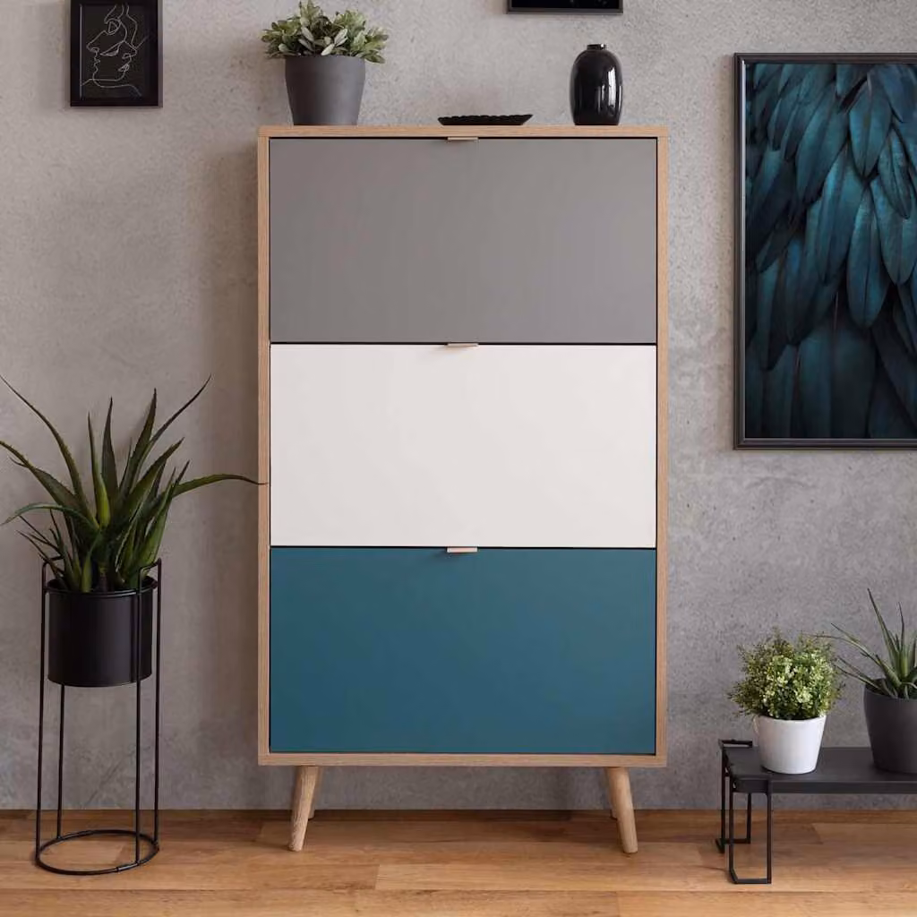Scarpiera Finori C-uba 42 in Rovere e Tricolore con ante a ribalta in stile scandinavo L: 125 cm, H: 70 cm, P: 24 cm