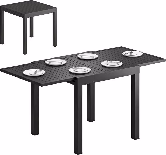 Tavolo da Giardino a Doghe Allungabile per 4-6 Persone, in Alluminio, 80-160x80x75 cm, Nero