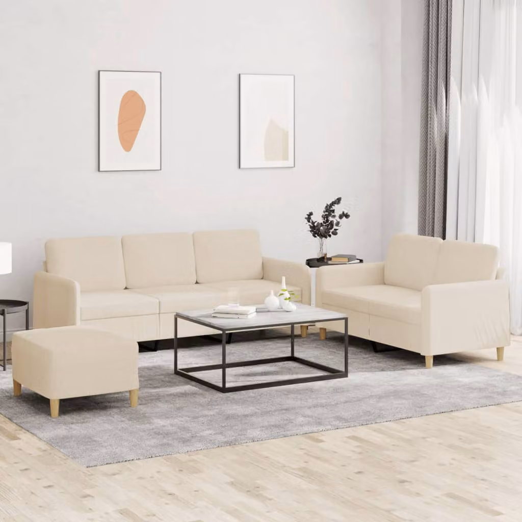 vidaXL Set di Divani Moderno 3 Pezzi con Pouf e Cuscini in Tessuto Beige