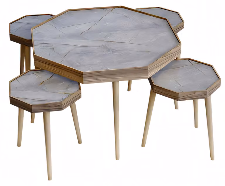 Eleganter grauer Holztisch-Set mit Couchtisch und Beistelltischen