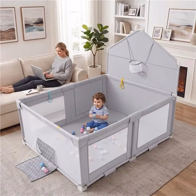 Centro attività pieghevole per bambini con canestro da basket e porta calcio, recinto per neonati 0-3 anni Grigio L: 223 cm, P: 185 cm, H: 150 cm – 2