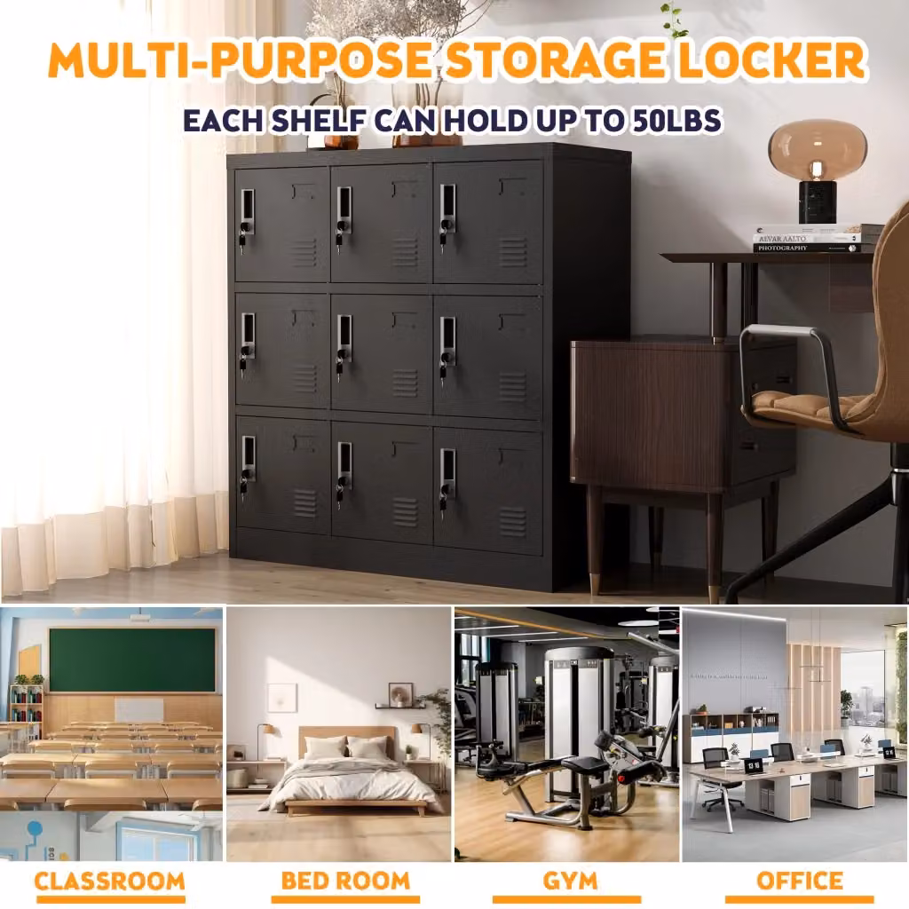 Armadio Minimal in metallo nero con 9 ante e serratura, ideale per ufficio e casa, L: 100 cm, H: 90 cm, P: 40 cm – 2