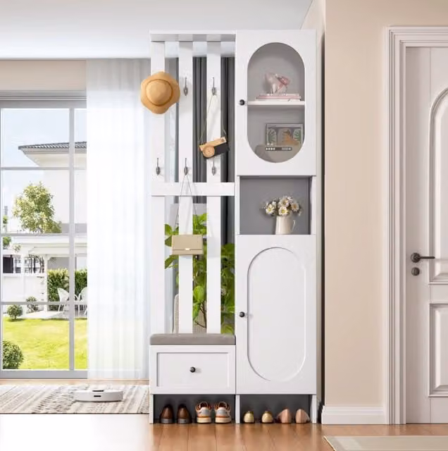 Mobile ingresso con 2 armadi; 1 cassetto e 6 ganci; 85 x 33;5 x 200 cm; bianco