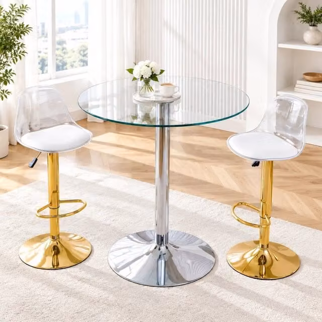 Set Bar con Tavolo in Vetro 89 cm e 2 Sgabelli Regolabili in Altezza con Gambe Dorate, Girevoli a 360°