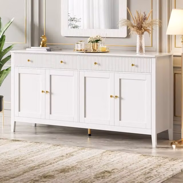 Sideboard bianco elegante con 2 cassetti e 4 ante, maniglie dorate, ampio spazio contenitore per cucina, sala da pranzo e soggiorno