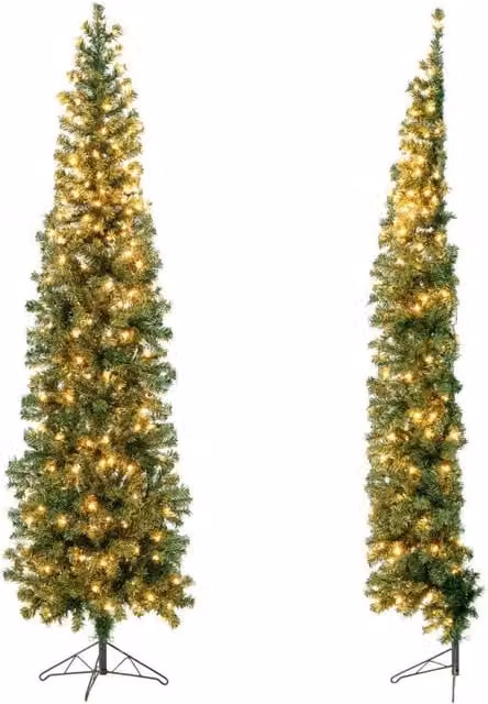 Set di 2 mezzo Albero di Natale con 450 punte di rami, Albero pre-illuminato con 150 luci LED supporto metallico Verde