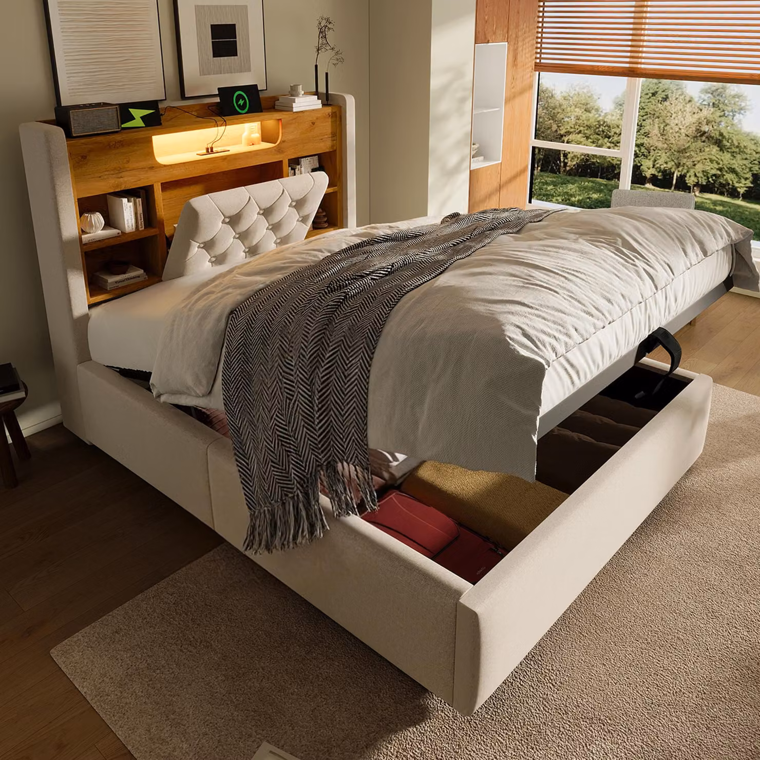 Letto imbottito MODFU 90 x 200 con LED e USB/Type-C, letto con contenitore e materasso, struttura letto con cassettone idraulico e testiera su mensola, beige