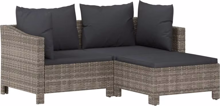 Set Divani da Giardino 3 pz con Cuscini in Polyrattan Grigio
