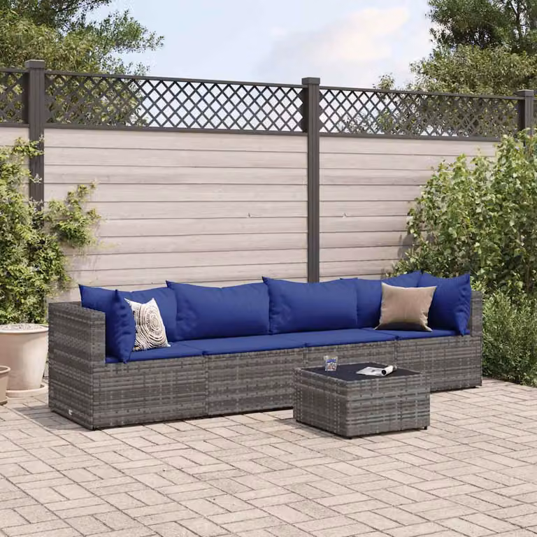 vidaXL Set Divani da Giardino a L 5 Pezzi con Cuscini e Tavolino, Polyrattan e Metallo, Grigio e Blu