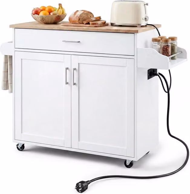Carrello da Cucina con Ruote di Gomma, Scaffale per Microonde (Bianco,con presa)
