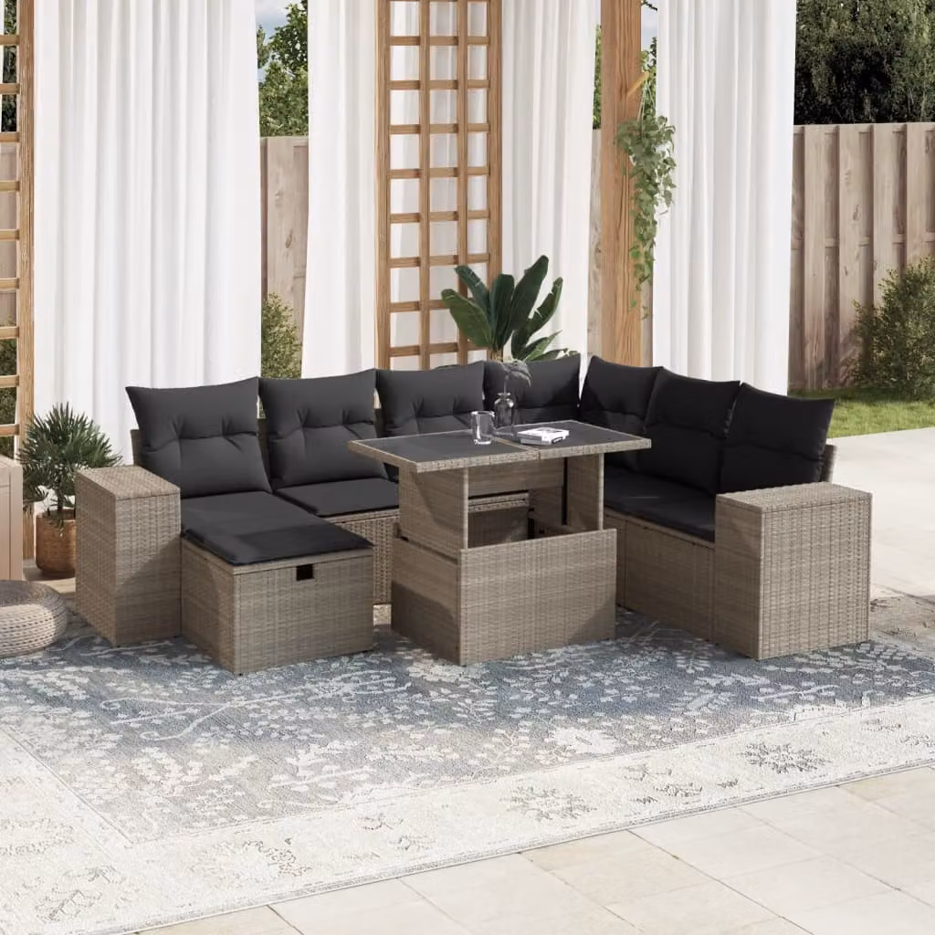 vidaXL Set Divano da Giardino a L 8pz in Polyrattan Grigio con Cuscini e Tavolino – 1