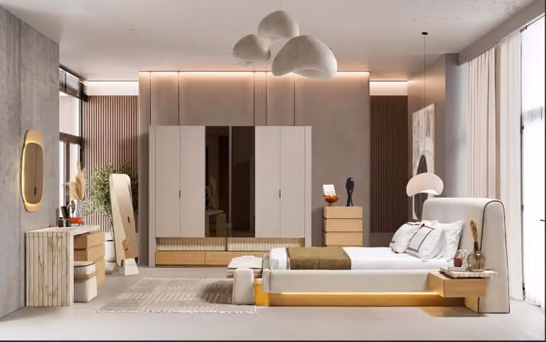 Set per camera da letto: letto, armadio, comodino, specchio, panchetta, poggiapiedi, colore beige, stile moderno