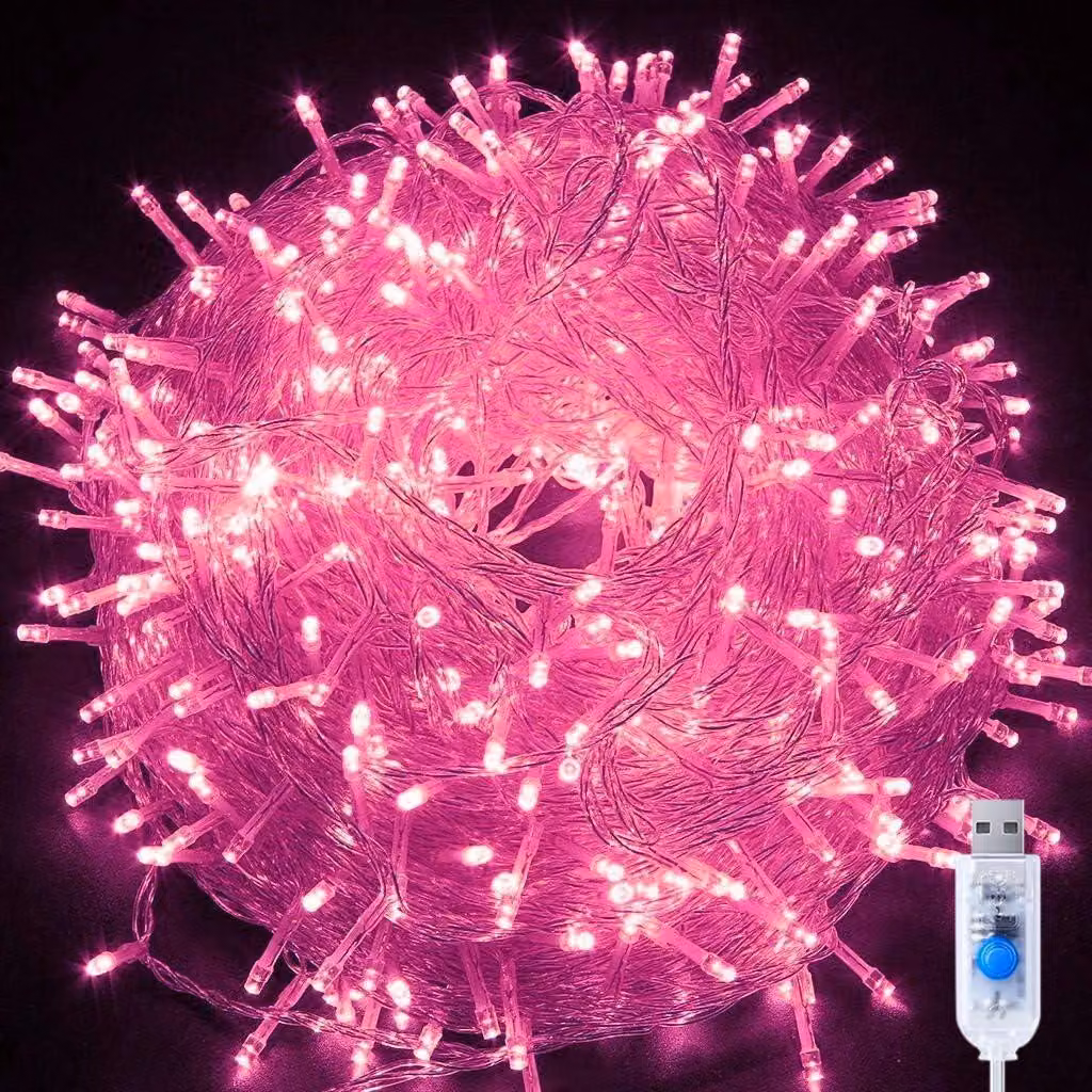 Catena luminosa da 10 metri, 80 LED, luci decorative a forma di stelline, alimentazione USB, colore rosa