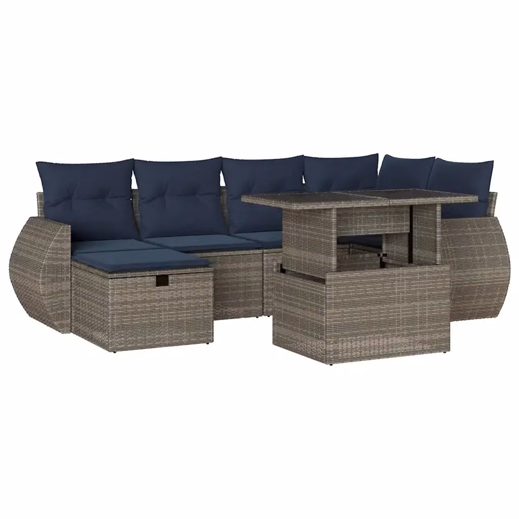 Set di divani da giardino vidaXL in polyrattan con cuscini grigi e blu, 7 pezzi – 2