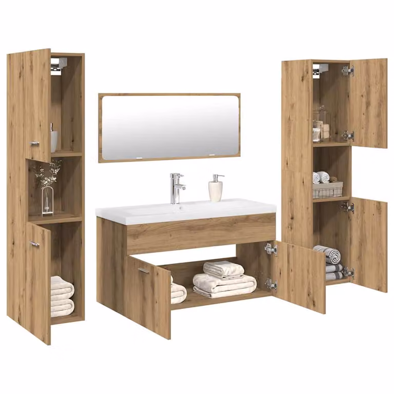 Set di mobili da bagno moderno vidaXL in legno e vetro, colore rovere e bianco, composto da mobile lavabo e pensili a muro