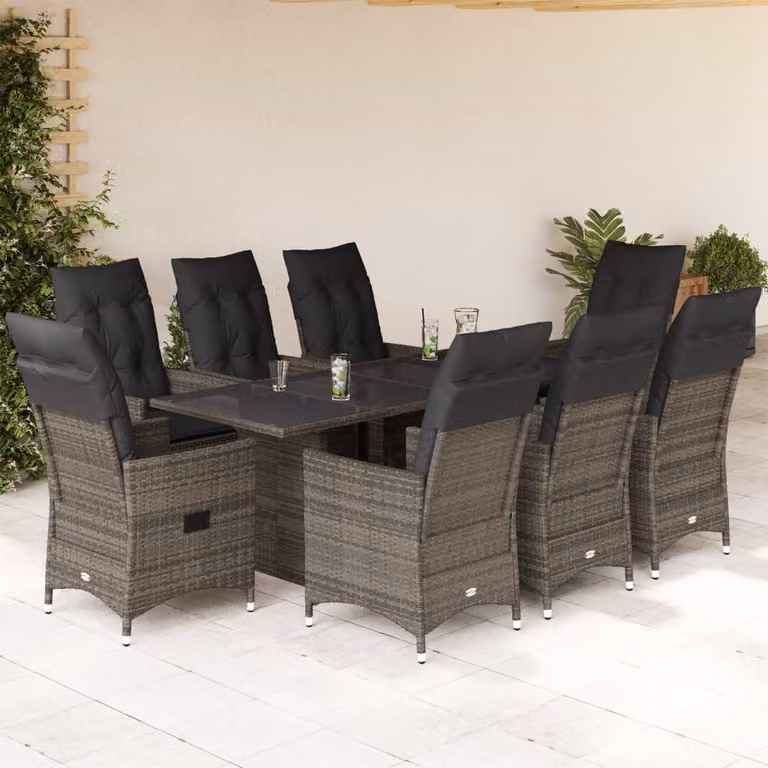 vidaXL Set da Pranzo da Giardino 9 pz in Polyrattan con Piano in Vetro e Cuscini Grigio e Marrone