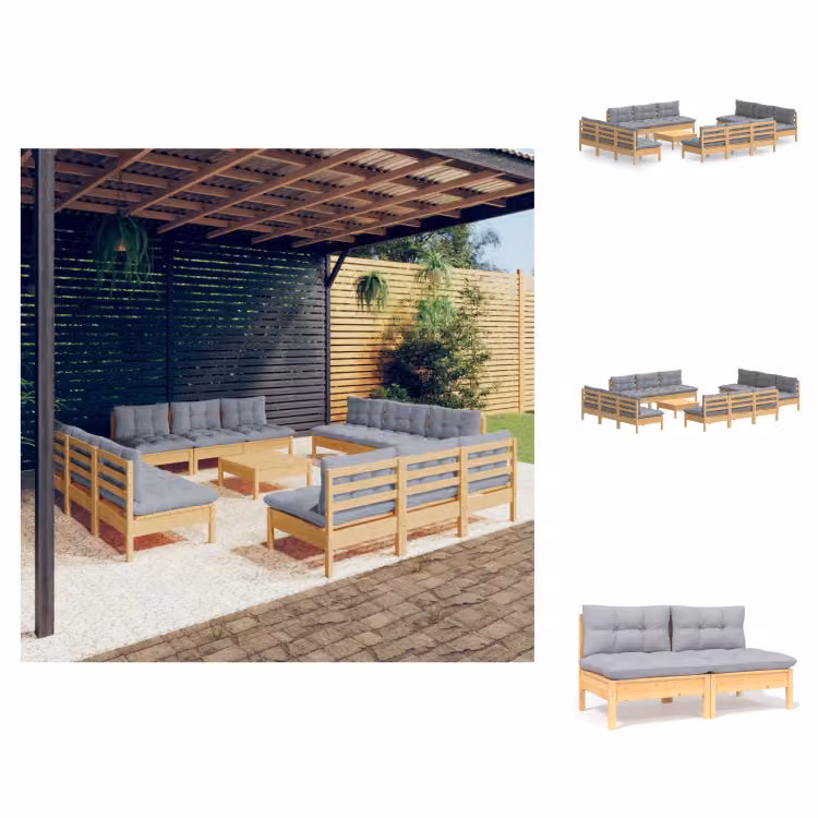 vidaXL Set di 13 pezzi per salotto da giardino con cuscini grigi in legno di pino - Set di mobili da giardino