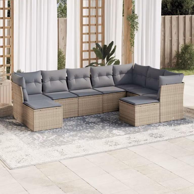 vidaXL Set Divano da Giardino 9 pz a Forma di L in Polyrattan Beige con Cuscini Imbottiti e Coperture Rimovibili