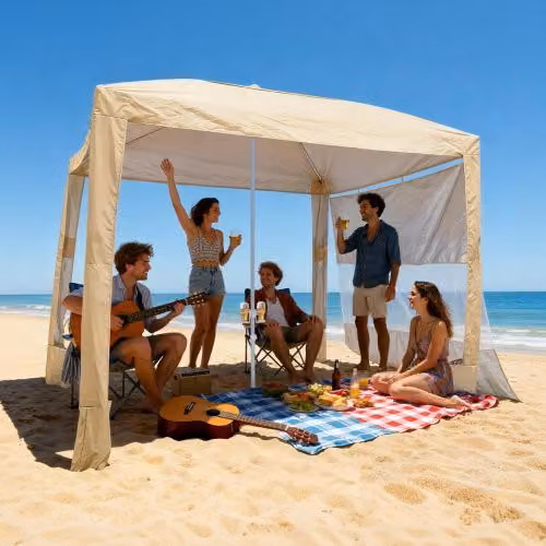 Tenda da spiaggia VEVOR con parete laterale e tasche per la sabbia, ombrellone parasole portatile regolabile in altezza, beige, L/P/H: 240 x 240 x 240 cm