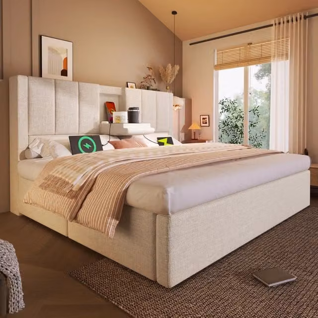 Letto contenitore imbottito in lino 140 x 200 cm, con contenitore idraulico, portabicchiere nascosto, stazione di ricarica e rete a doghe, beige
