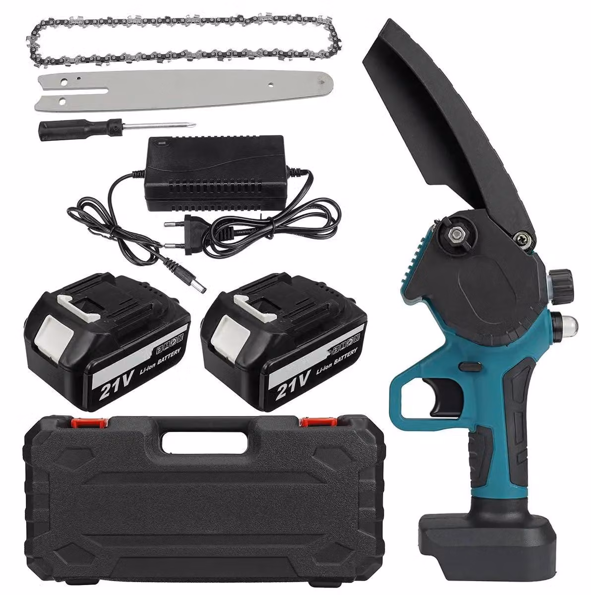 Seghetta a batteria da 20 cm - 3000 W, 18 V - Lubrificazione automatica della catena - 30000 giri/min - Set di 2 batterie - Spina UE