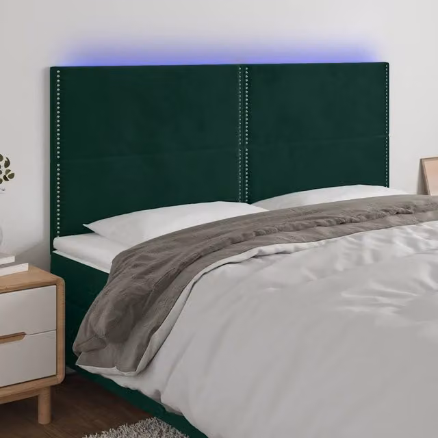 Testiera per letto vidaXL in velluto verde scuro con illuminazione LED integrata e porta di ricarica USB, L: 200 cm, P: 5 cm, H: 118-128 cm