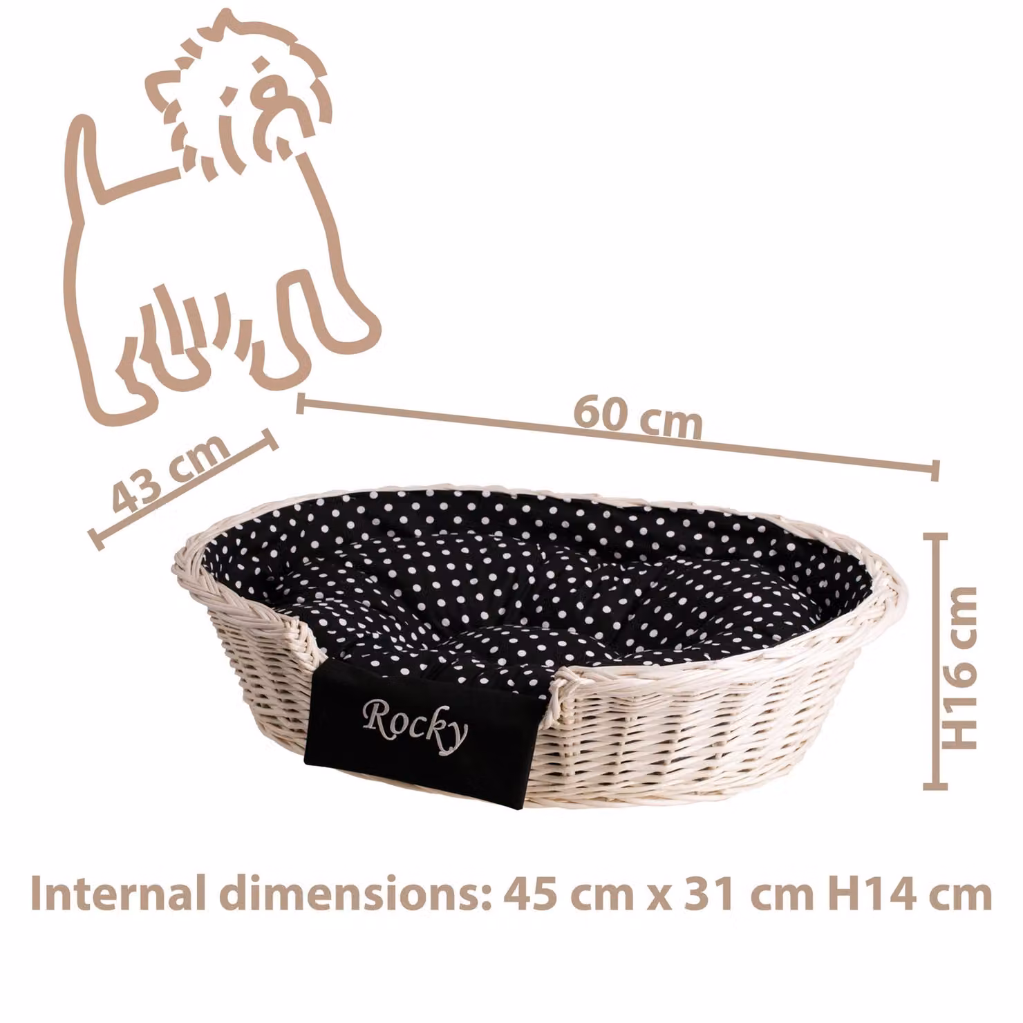 Cestino per cani in vimini con nome 60x43 H16 CM