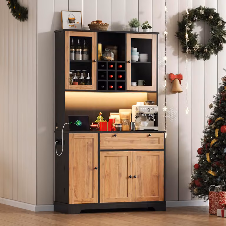 Flieks mobile alto da cucina con ante in vetro, mobile da cucina a buffet con led e funzione di carico, credenza con portabottiglie, 105x40x180cm, finitura naturale