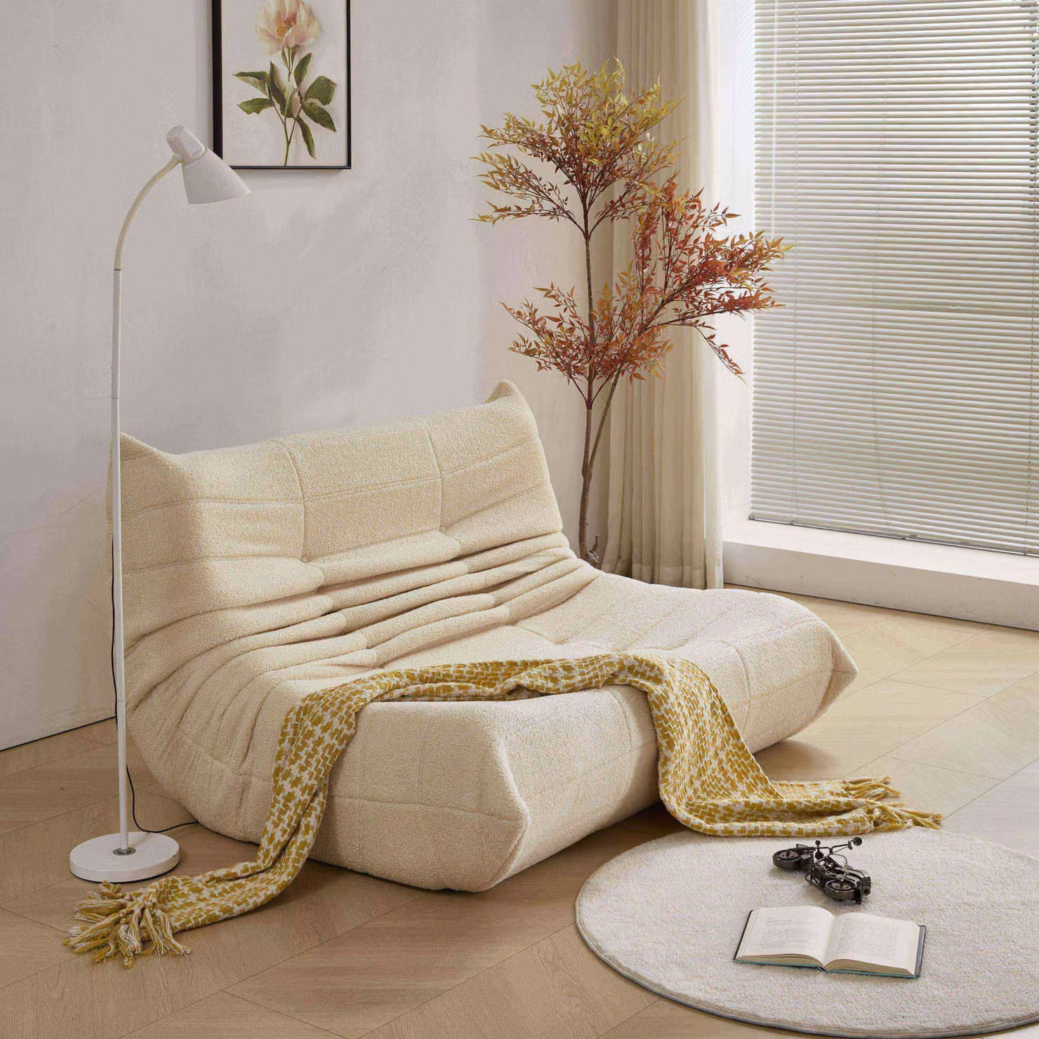 MODFU divani letto Poltrona classica Divano pigro con schienale e poggiapiedi, divano doppio cuscino sedile interno pieghevole sedia da meditazione per il soggiorno- teddy velluto, beige