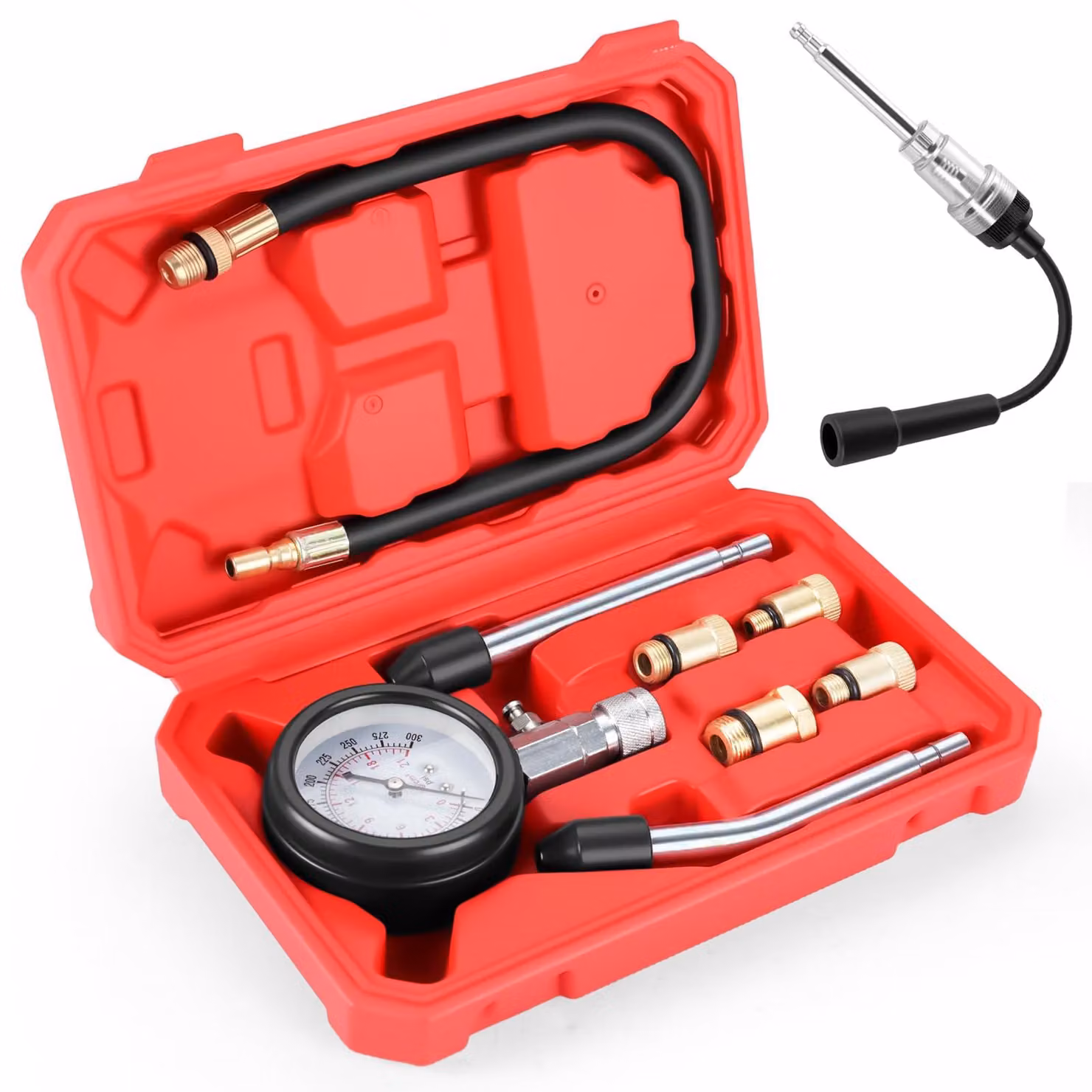 Set di 9 componenti per test di compressione per motori a benzina, con range da 0 a 300 PSI e dotato di 4 adattatori