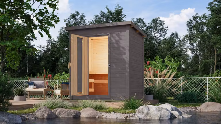 Sauna da esterno Karibu Hytti 1, verniciata grigio terra, stufa da 9 kW a legna, comandi esterni easy 38 mm, legno massello, 196x146x228 cm