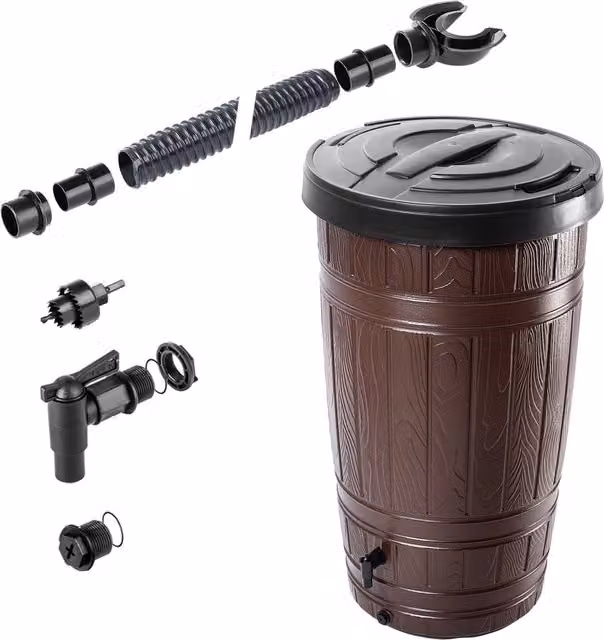 Serbatoio per acqua piovana KADAX da 265 litri, in plastica, con rubinetto marrone.
