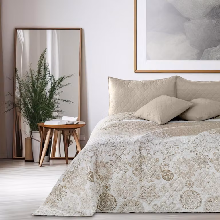 Coperta matrimoniale reversibile, beige e bianca, con motivo astratto, 170x210 cm