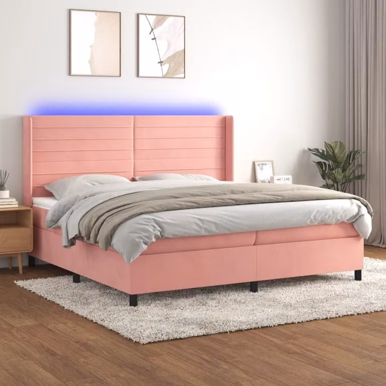 The Living Store Letto a molle con materasso e LED Rosa 200x200 cm Velluto