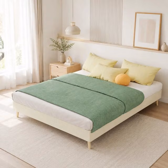 Letto matrimoniale 140 × 200 cm in tessuto beige con rete a doghe struttura in metallo design geometrico