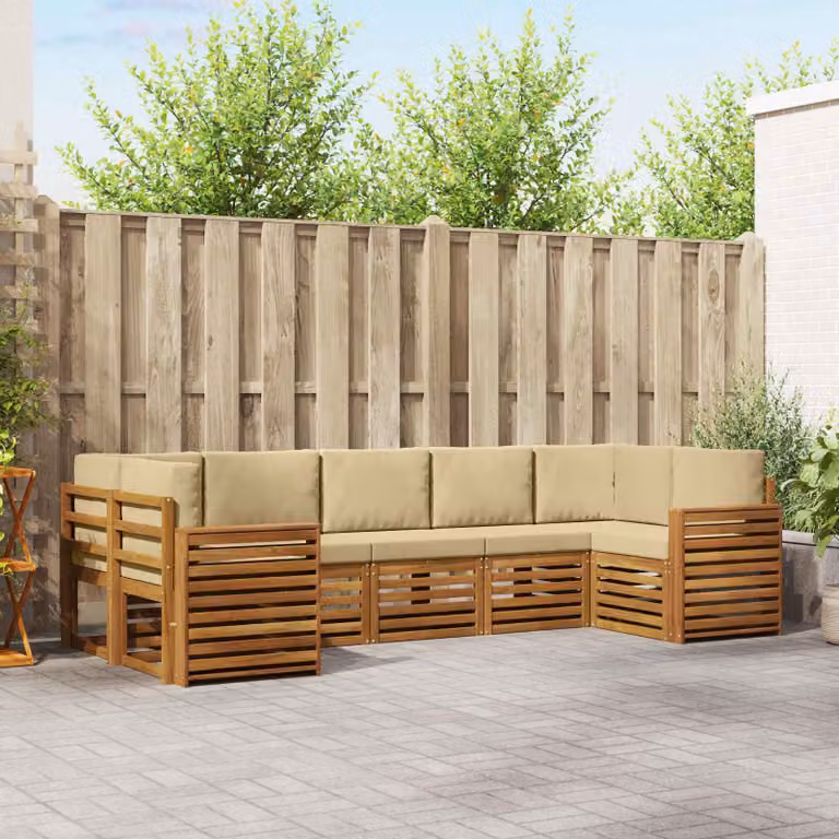 Set di divani da esterno vidaXL a forma di L composto da 7 pezzi in legno di acacia con cuscini beige e marrone
