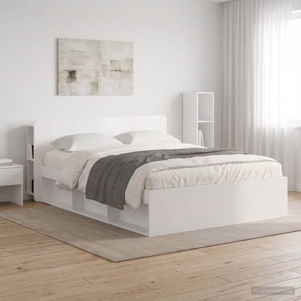 Testata del letto moderna vidaXL in legno MDF bianco lucido con ripiano integrato e scomparti laterali L: 182,5 cm, H: 80 cm, P: 23,63 cm