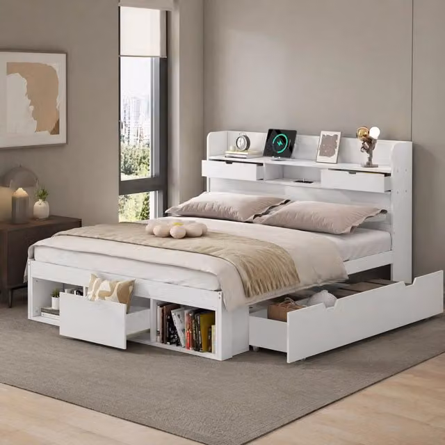 Letto per ragazzi 140x190 cm con cassetti; armadietti e prese USB/USB-C; bianco